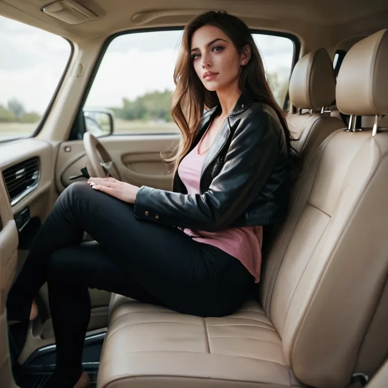 brown long hair woman, black jacket, black pants, pink shirt, black socks, feet on car dashboard