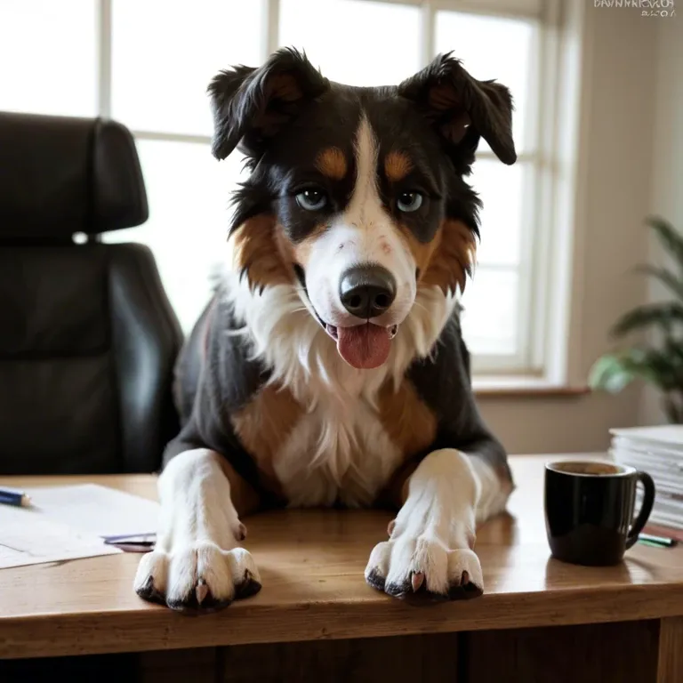 Feral border collie, canine pussy, office, view from back, looking at viewer,