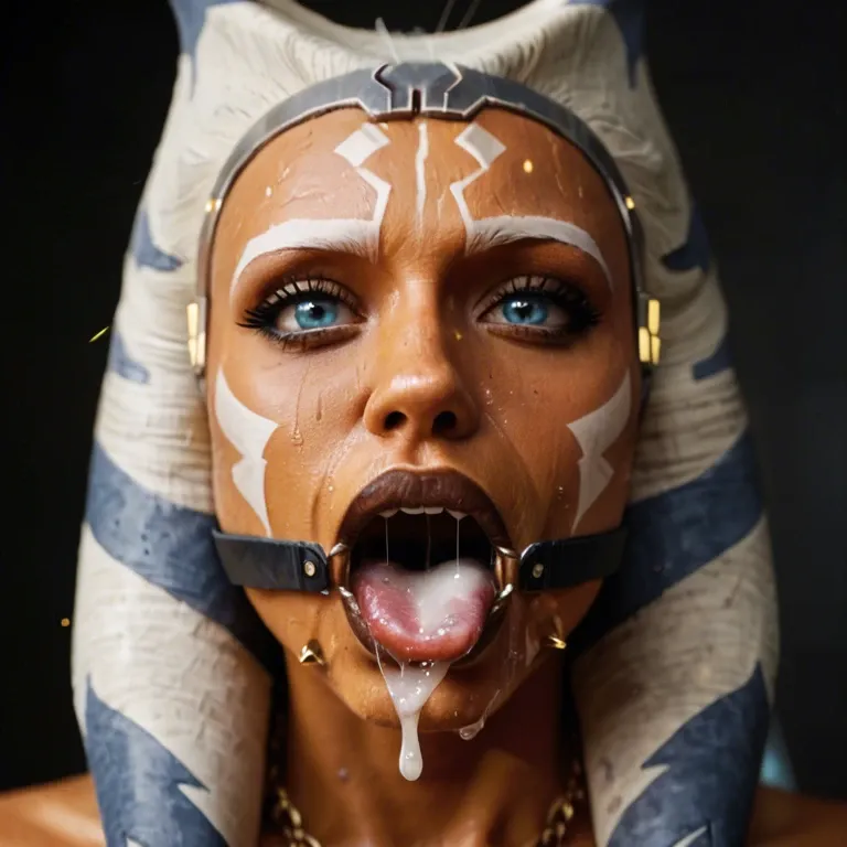 Ahsoka Tano, extreme closeup, gagging, drool, saliva dripping from her mouth, sweaty, cum on her face