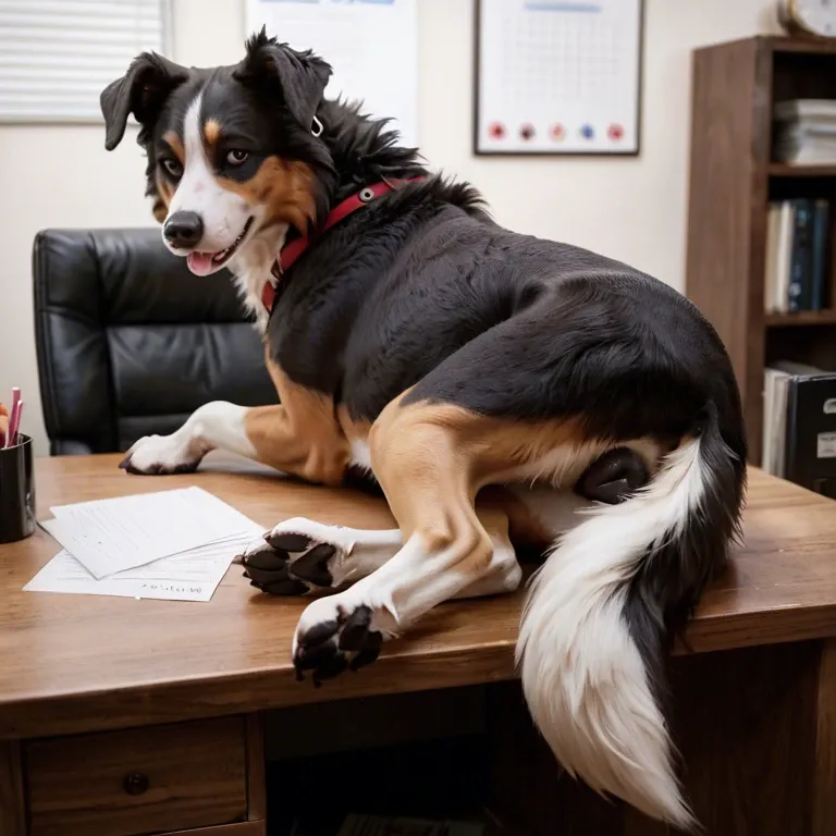 Feral border collie, canine pussy, office, view from back, looking at viewer, realistic canine pussy,