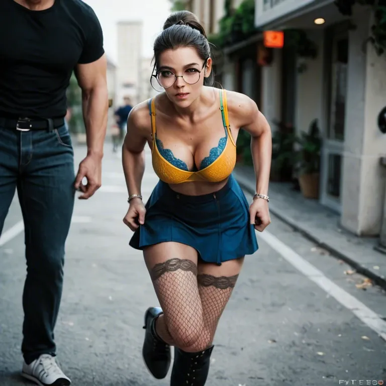 1girl,1boy, , , , dark grey eyes,thigh boots,perky tits,grabbing boobs,elbow, yellow tank top,fishnet,round glasses,blue bra,running shoes, blue dress,lace bra,hoop earrings,floral bikini,high heels, jean hotpants,black leggings,gold jewelry,no bra,strappy sandals, bare shoulders, brazil jungle, cyberpunk, painted, at night, spider-gwen, rei ayanami