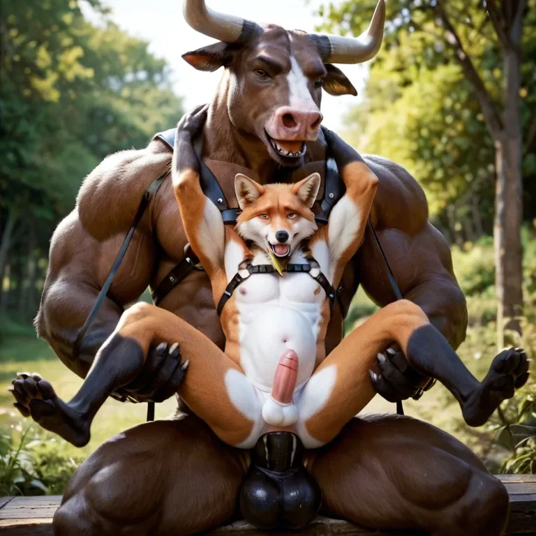 Furry only, anthro, two males, gay, Bull, beast, horns, Fox, size difference, anal penetration, abdominal bulge, harness, outside,