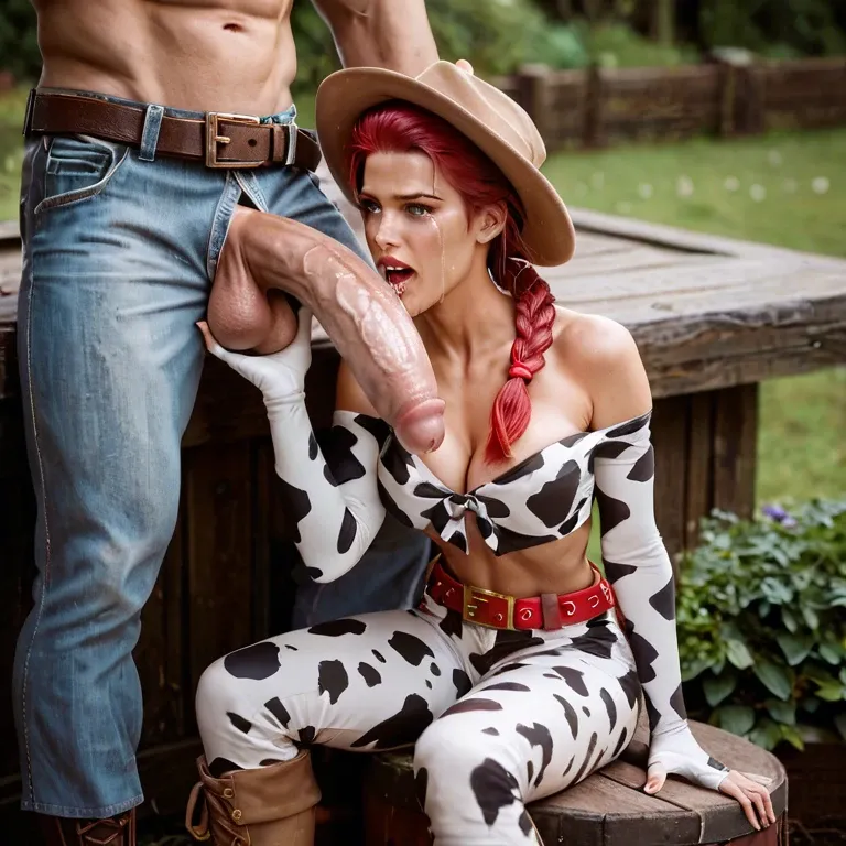 Jessie from Disney Toy Story  hat, red hair, braid, bow, belt, animal print, cow print, pants, boots  Dirty boy fucks crying girlfriend with his huge dick