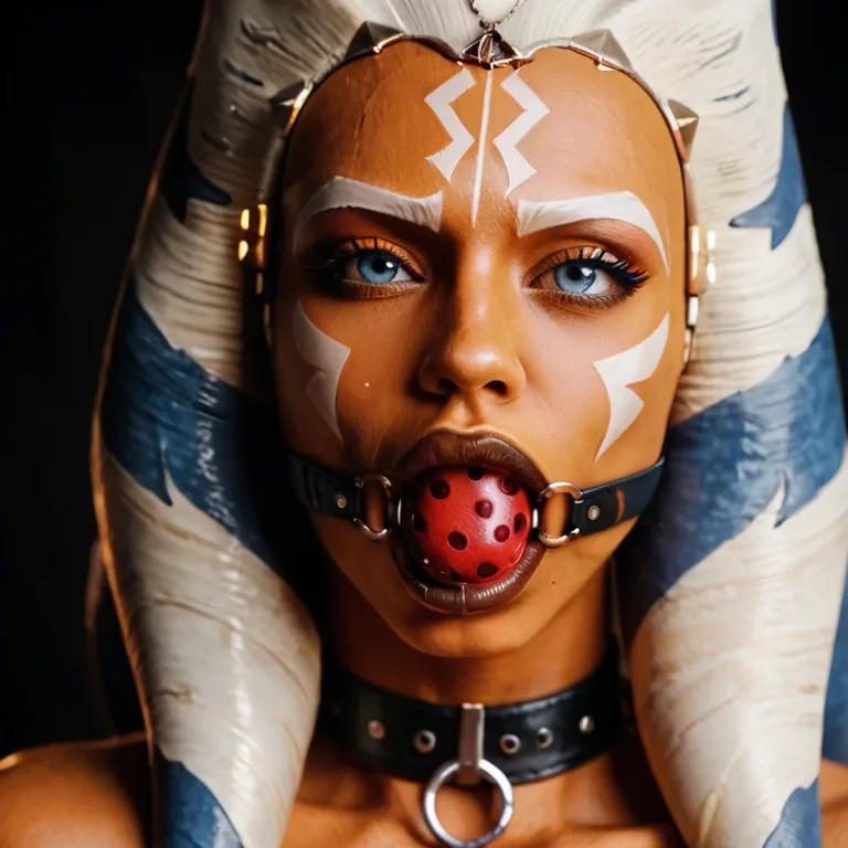 Ahsoka Tano, extreme closeup, ball gag in her mouth