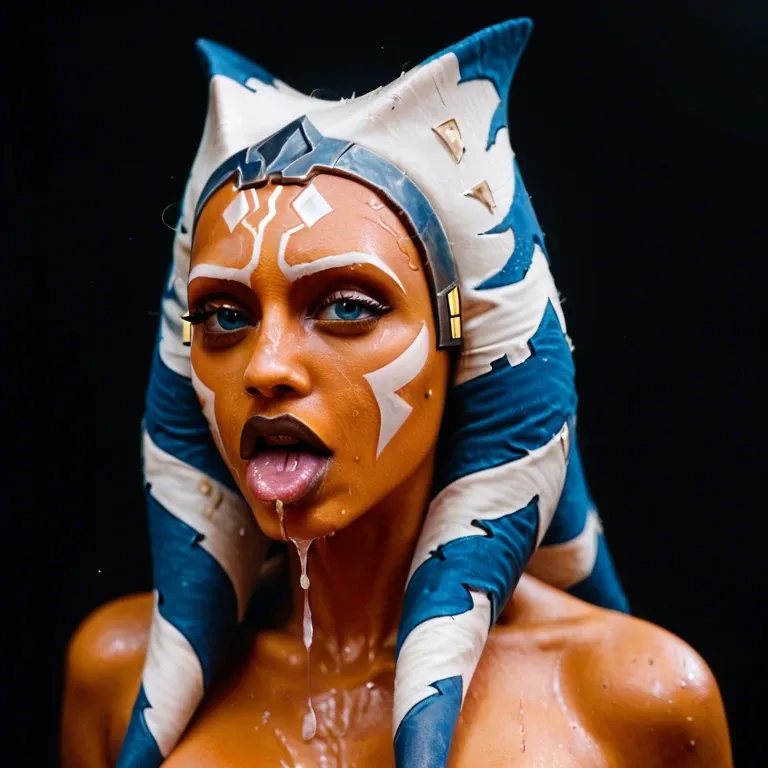 Ahsoka Tano, medium closeup, drool, saliva dripping from her mouth, sweaty, cum on her face, topless