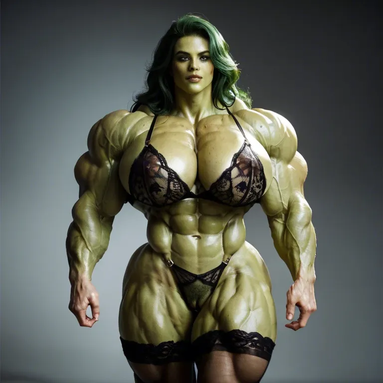 She Hulk, extreme hyper muscles female, massive muscles, hyper gigantic massive muscles, massive muscles, hyper gigantic muscles, hyper gigant muscles, hyper muscle tank, pectorales, hairy pussy, lingerie stockings