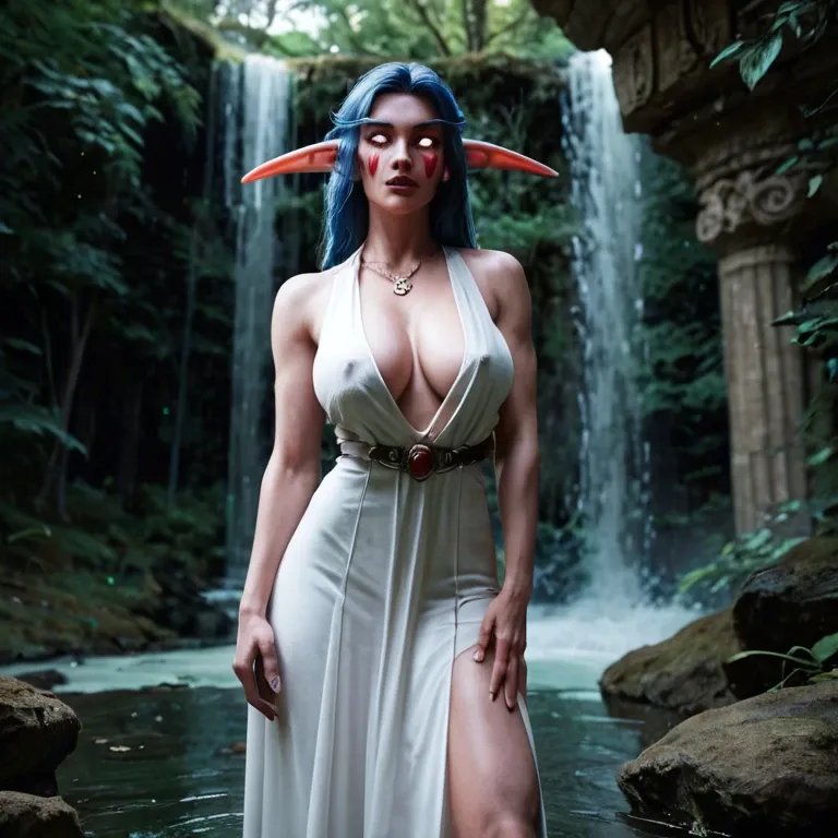 night elf, huge tits, saturated purple skin, blue hair, glowing white eyes, magic forest, standing under waterfall, roman temple, caricature style, sleeveless white dress, nipple slip