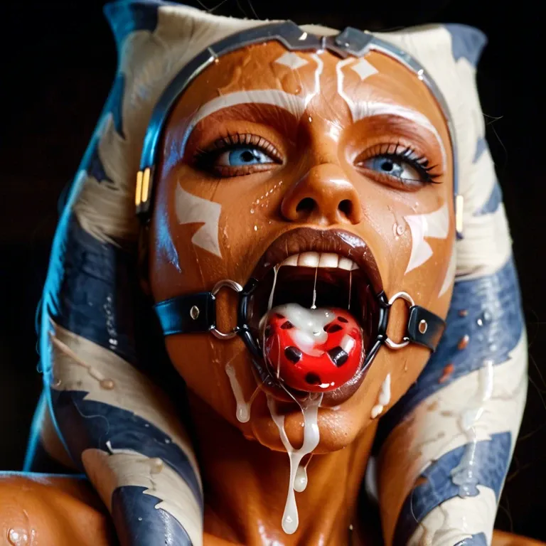 Ahsoka Tano, extreme closeup, ball gag in her mouth, drool, saliva, sweaty, cum on her face