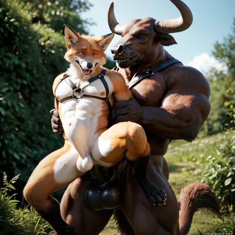 Furry only, anthro, two males, gay, Bull, beast, horns, Fox, size difference, anal penetration, abdominal bulge, harness, outside,