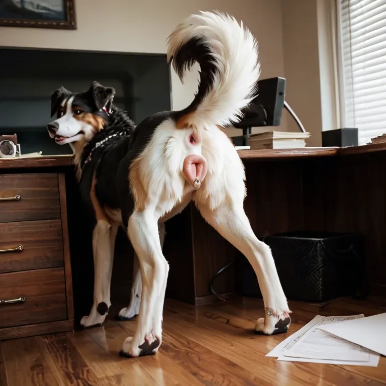 Feral border collie, canine pussy, office, view from back, looking at viewer, pussy piercing,