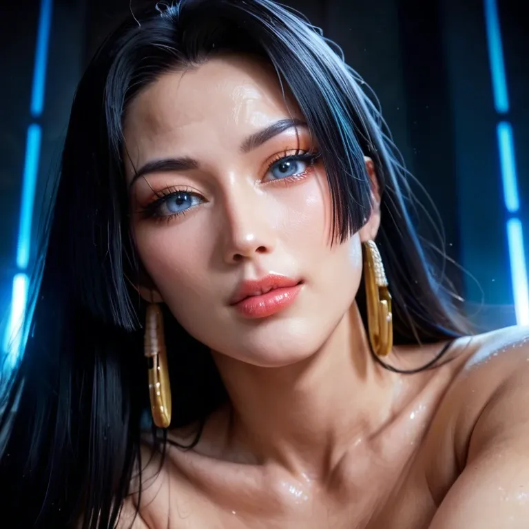 Dark night blue lighting, Ultra realistic photo, Boa-Hancock hair, smooth skin, golden ratio face Korean, pale white Korean-Boa-Hancock, cute feminine face detailed light blue eyes, feet bottom view naked curvy body massive breasts