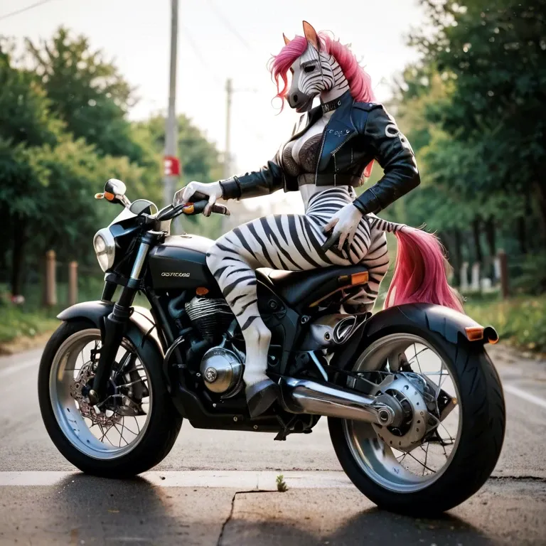 Motorcycle biker_outfit balls_outline anthro furry zebra pink_hair green_eyes cow_tail hooves equine_cock