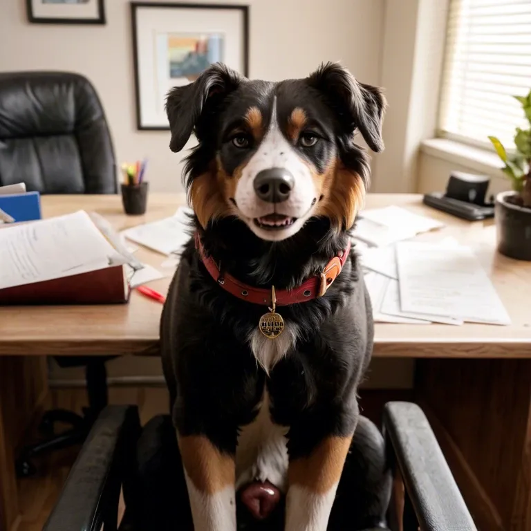 Feral border collie, canine pussy, office, view from back, looking at viewer,