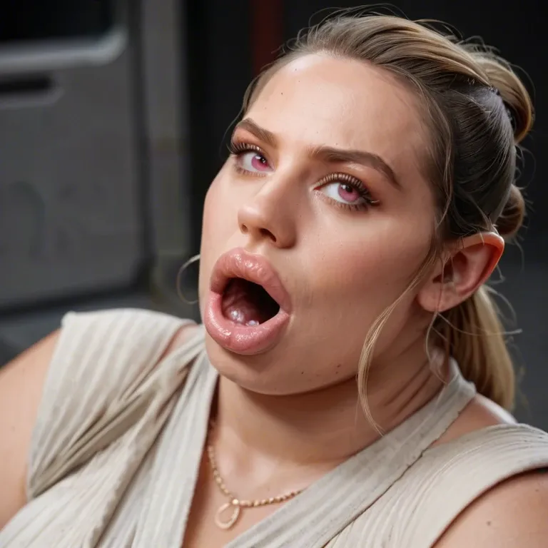 realistic, rey skywalker, obese, weight gain, gut, blonde hair, pink eyes, hyper lips, bimbo lips, duck face, poggers, :o, gaping mouth