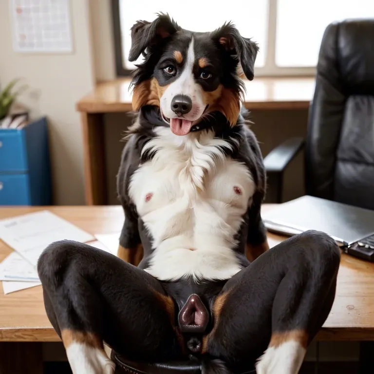 Feral border collie, canine pussy, presenting pussy, office,