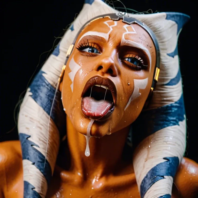 Ahsoka Tano, extreme closeup, drool, saliva dripping from her mouth, sweaty, cum on her face