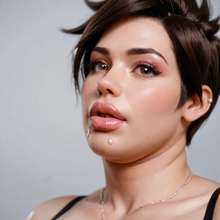 realistic, japanese female, race change, japanese tracer overwatch, obese, weight gain, fat neck, brown eyes, hyper lips, bimbo lips, drooling, closeup