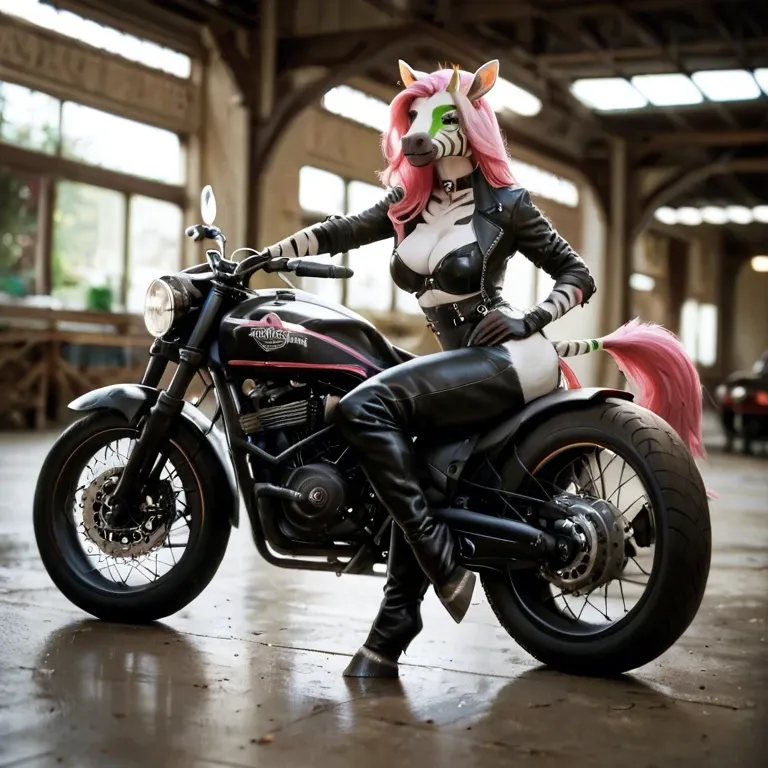 Motorcycle biker_outfit chaps balls_outline anthro furry zebra pink_hair green_eyes cow_tail hooves equine_cock