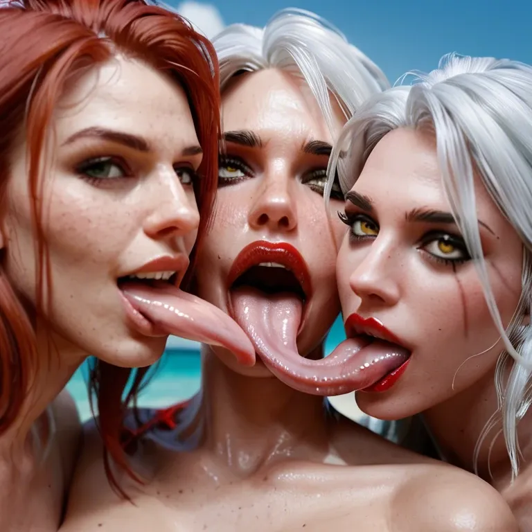 3girls, , , , , Mary Jane Watson (Spider-Man), Ciri (Witcher), Widowmaker (Overwatch), lipstick, ahegao, ecstasy, impossibly long tongue, plump lips, licking, blushing, squeezing breasts, nude, full body