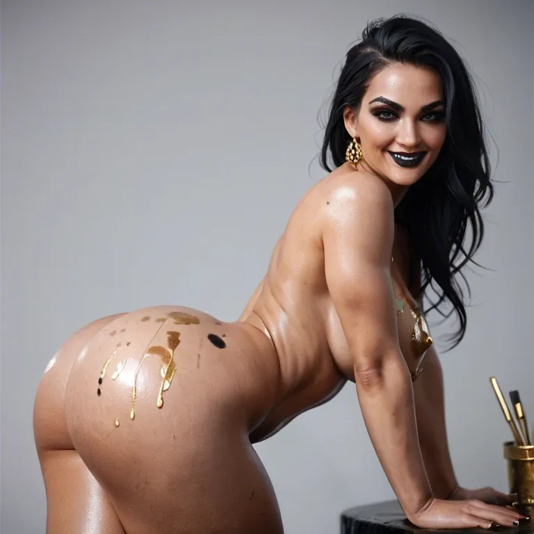 a sexy woman, naked but completely covered in gold paint from top to toe, long black hair, curvy, large natural round perfect breasts, huge ass, thick black eyeliner, huge eyelashes, black lipstick, playful, smiling, posing seductively