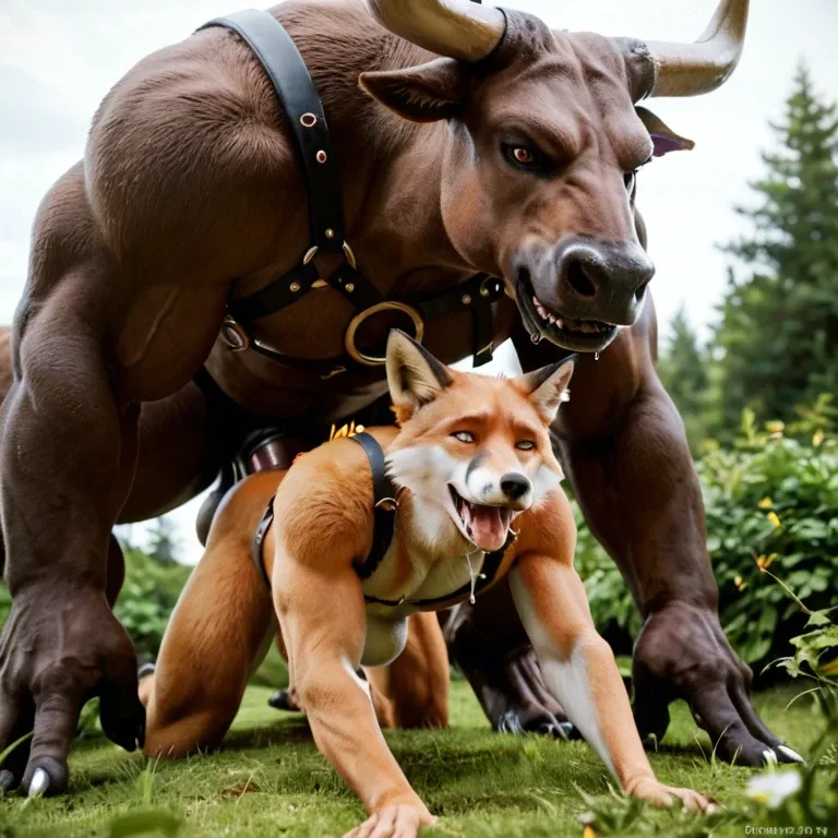 Furry only, anthro, two males, gay, Bull, beast, horns, Fox, size difference, anal penetration, abdominal bulge, harness, outside, Doggystyle, drooling