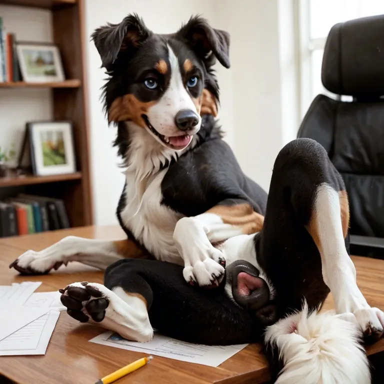 Feral border collie, canine pussy, presenting pussy, office,