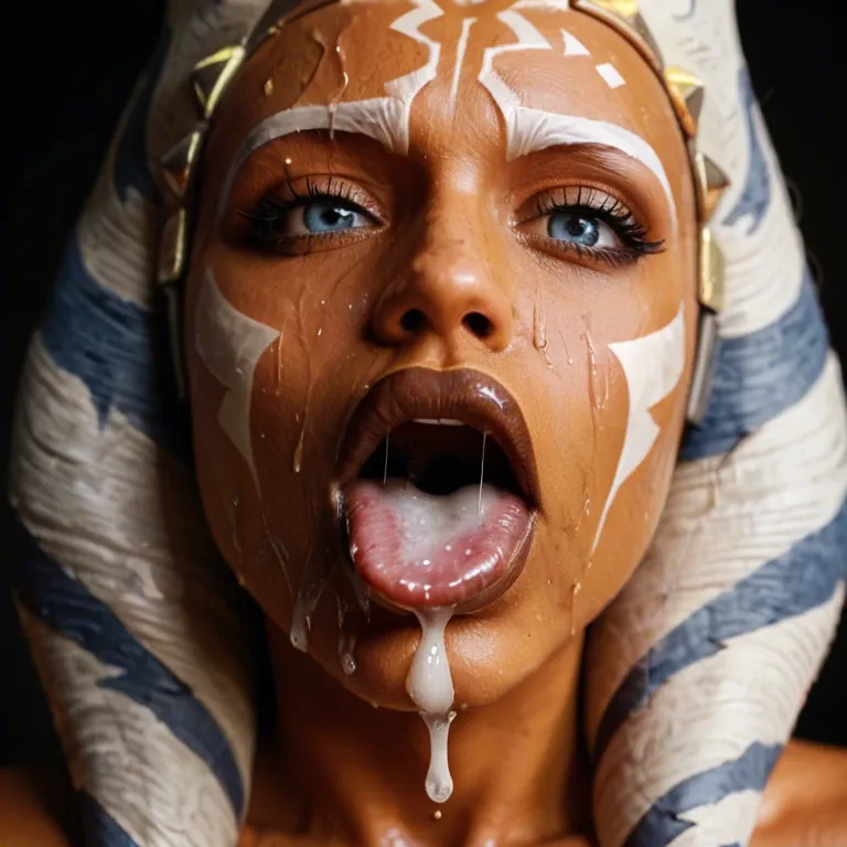 Ahsoka Tano, extreme closeup, drool, saliva dripping from her mouth, sweaty, cum on her face, topless