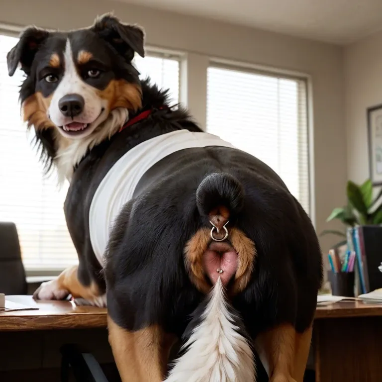 Feral border collie, canine pussy, office, view from back, looking at viewer, pussy piercing,