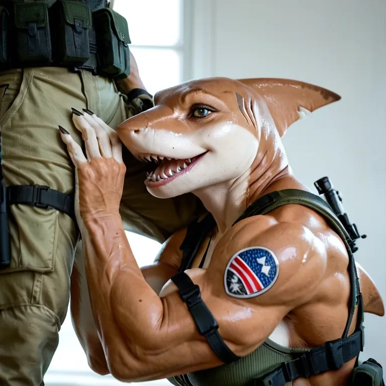 Furry, anthro, Shark, female only, muscles, green tactical uniform, foot worship