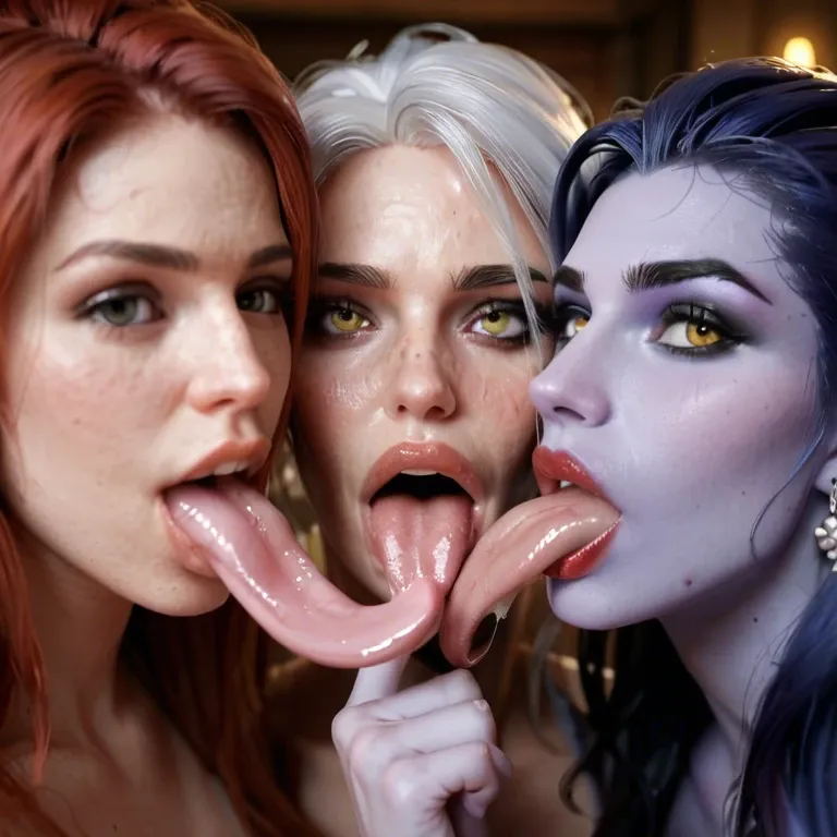 3girls, , , , , Mary Jane Watson (Spider-Man), Ciri (Witcher), Widowmaker (Overwatch), lipstick, ahegao, ecstasy, impossibly long tongue, plump lips, licking, blushing, squeezing breasts, nude, legs up