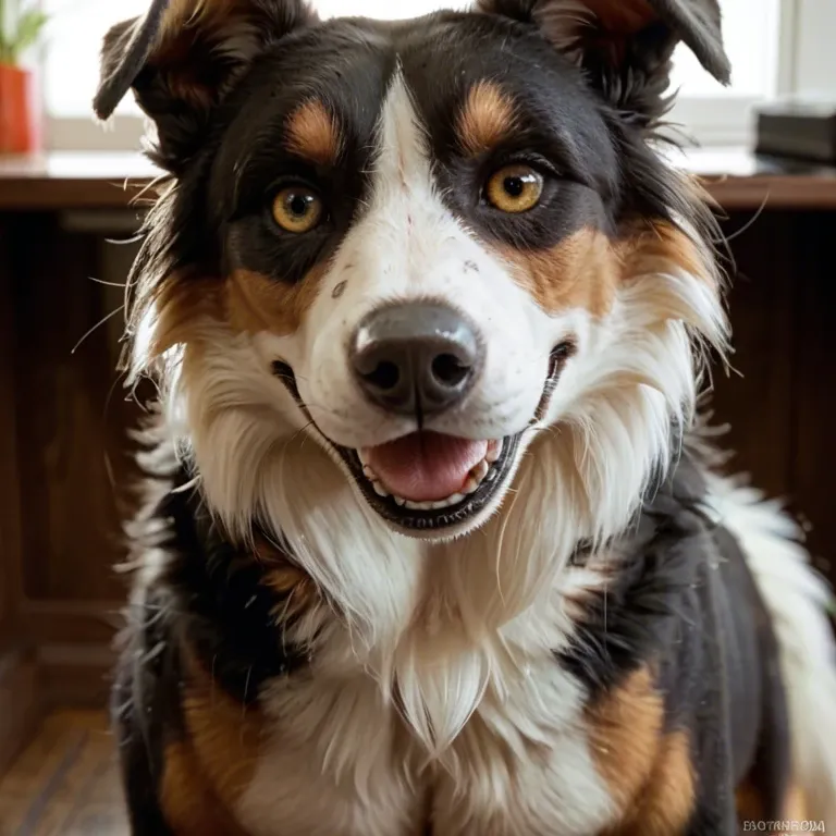 Feral border collie, canine pussy, office, view from back, looking at viewer, realistic canine vagina,