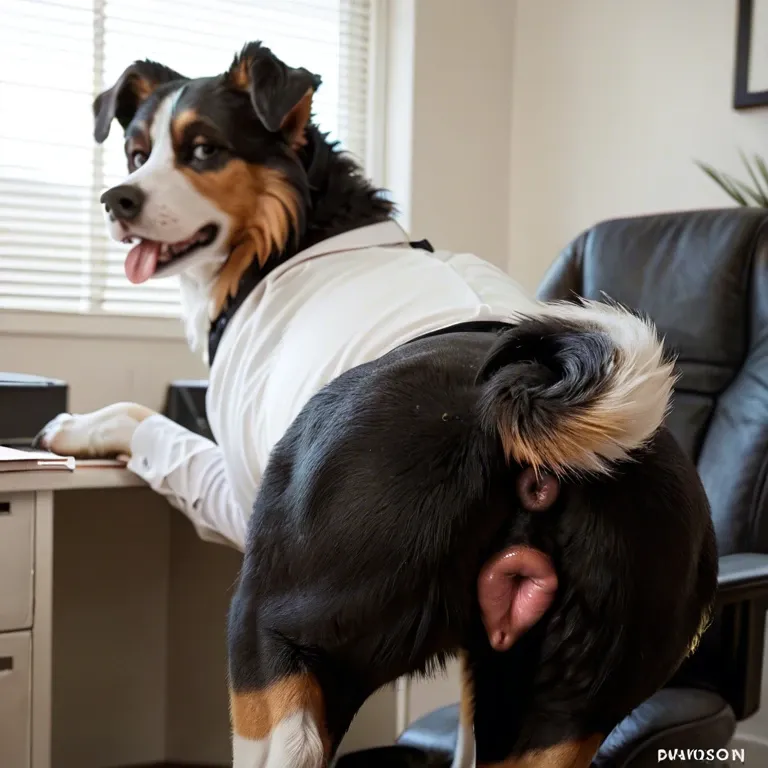 Feral border collie, canine pussy, office, view from back, looking at viewer,