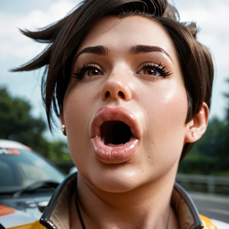 realistic, japanese female, race change, japanese tracer overwatch, obese, weight gain, brown eyes, hyper lips, bimbo lips, gaping mouth, closeup