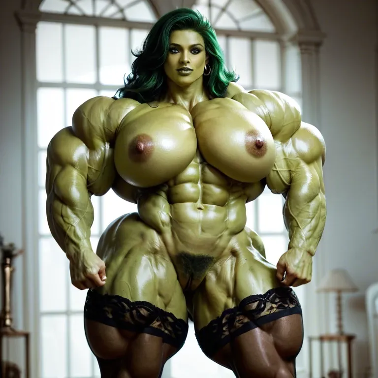 She Hulk, hyper massive muscles female, massive muscles, hyper gigantic massive muscles buff, hyper  massive muscles, hyper gigant muscles, hyper giant muscles, hyper muscle tank, nude pectorales, hairy pussy, lingerie stockings