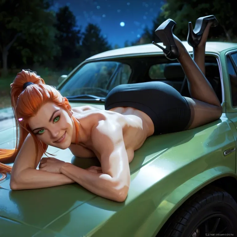 gwen tennyson from ben 10 alien force, green eyes, smiling, long ponytail, topless, black tights, black pencil skirt, black heels, purple magic, outside, laying on hood of large green muscle car, night