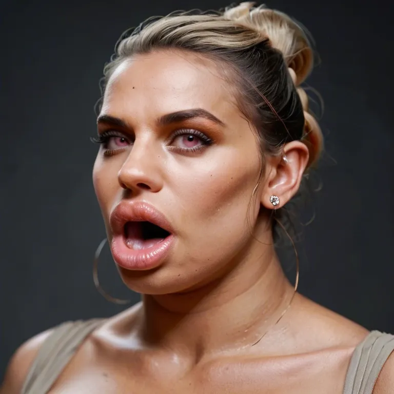 realistic, African female, race change, african rey skywalker, obese, weight gain, gut, blonde hair, pink eyes, hyper lips, bimbo lips, duck face, poggers, gaping mouth