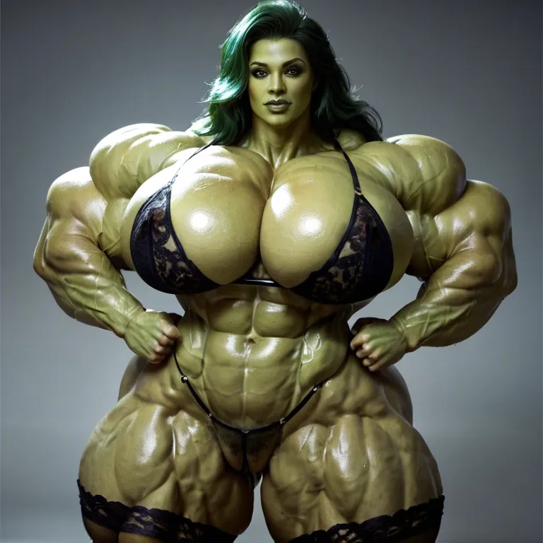 She Hulk, massive hyper muscles female, massive muscles, hyper gigantic massive muscles, massive muscles, hyper massive muscles, hyper massive muscles, hyper muscle tank, pectorales, hairy pussy, lingerie stockings