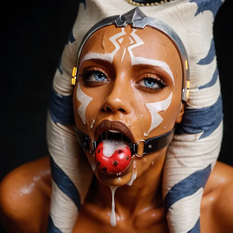 Ahsoka Tano, extreme closeup, ball gag in her mouth, drool, saliva, sweaty, cum on her face