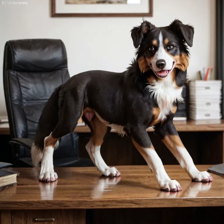 Feral border collie, canine pussy, office, view from back, looking at viewer, realistic canine pussy,