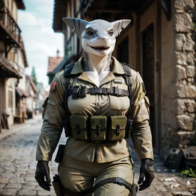 Furry, anthro, Shark, female only, muscles, green tactical uniform, in village