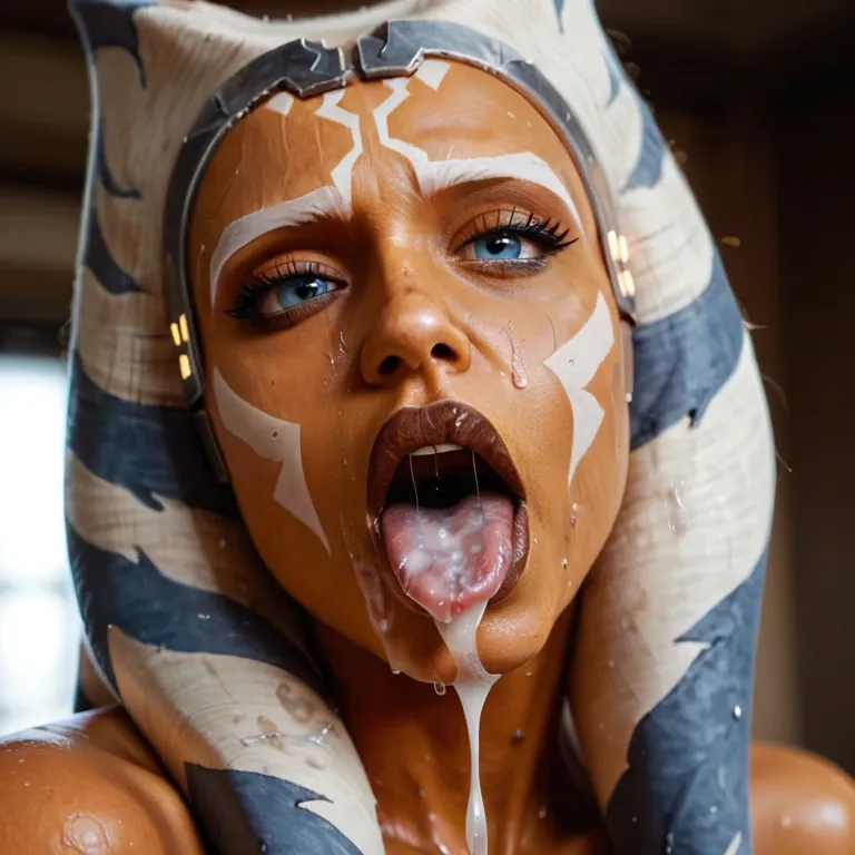 Ahsoka Tano, extreme closeup, drool, saliva dripping from her mouth, sweaty, cum on her face