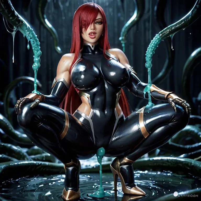 Ruby taimanin skinsuit, black robot limbs, many gold lines on body, sex with cold tentacles, high heels, licking lips, cold slime background, Erza Scarlet