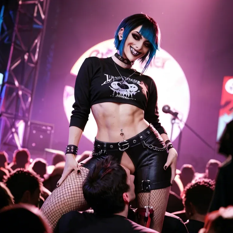 Smile Emo flat-chested female, femdom, emo clothes, concert, standing cunnilingus