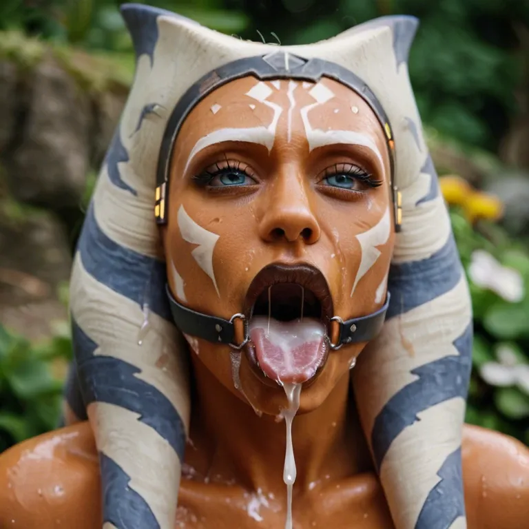 Ahsoka Tano, extreme closeup, gagging, drool, saliva dripping from her mouth, sweaty, cum on her face