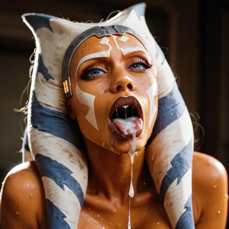 Ahsoka Tano, extreme closeup, drool, saliva dripping from her mouth, sweaty, cum on her face