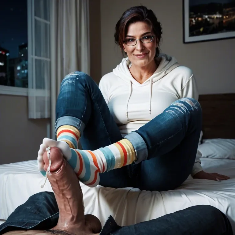 milf, hoodie, pants, ankle striped socks, footjob, cum, bed, night