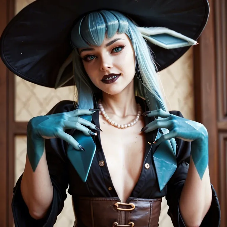 1girl,solo, , , , lip bite,monster hands,firm breasts,absurdres,pearl necklace, dark lipstick,feet on head,flat chest,waist grab,collarbone, open uniform,glaceon,witch hat,blue bodysuit,sandals, red sweater,lace thong,laurel crown,black corset,boots, torn jeans,knee-high socks,jewelry,bikini pull,gothic boots, sit on a couch, new york city, cyberpunk, painted, backlit, wonder woman