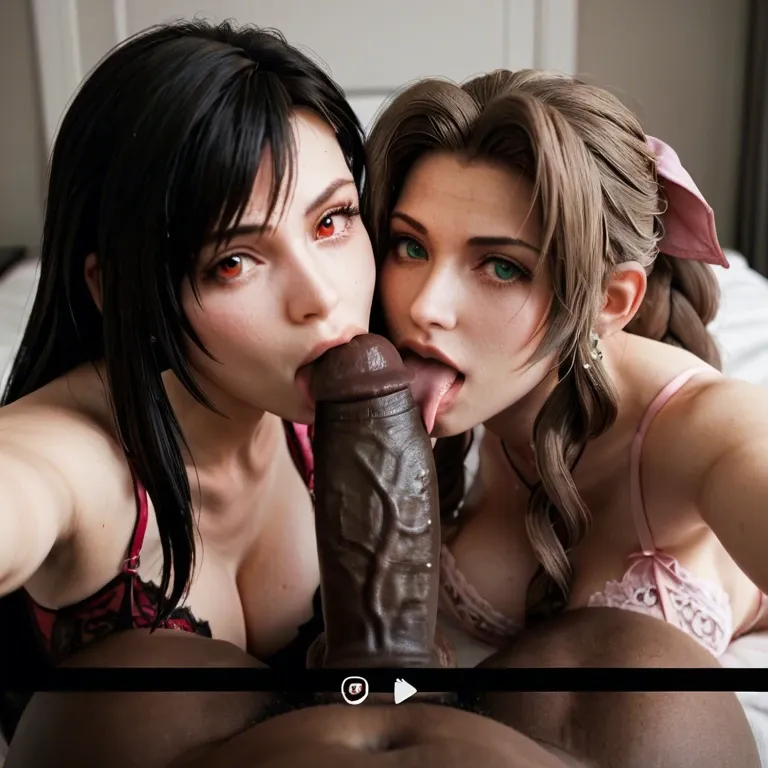 Stand, , Aerith, dark skinned male, ugly fat man,  hot lingerie, big penis, lying, snapchat, close view , , bed, pov, licking, blowjob, tifa, 2girls