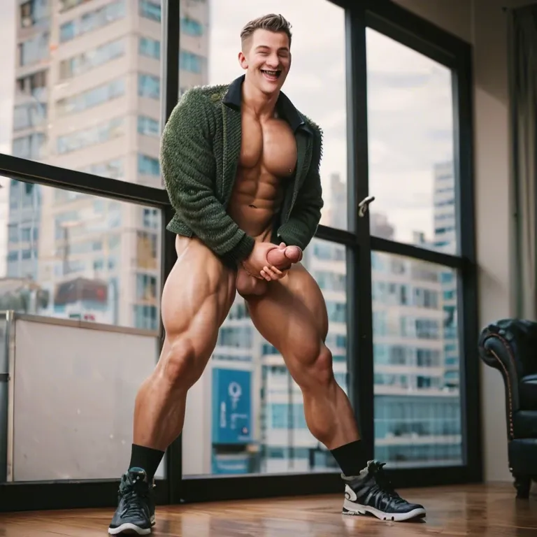 man wearing a tweed suit, thick thighs, athletic ass, standing,  legs spread, masturbating, jerking off, smiling, laughing, enjoying, full-body picture