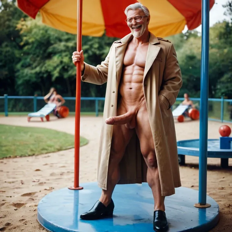 Old male man wearing a trenchcoat and elegant shoes, standing on a playground, thick thighs, athletic ass, large penis, standing naked, posing, legs spread, smiling, laughing, enjoying, full-body picture